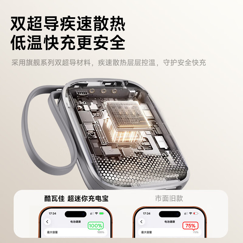 酷瓦佳【2026新升级】充电宝20000毫安3c认证自带线可上飞机快充小巧便携适配Air苹果17华为小米 【紫丨1w毫安】苹果+type-C双线