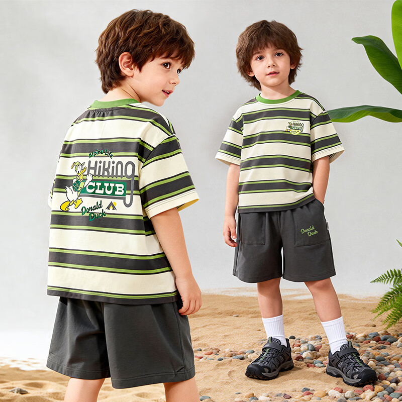 迪士尼男童短袖短裤休闲套装夏季新款舒适凉感透气运动儿童套装两件套 条纹套装 120 （建议4-6岁身高110-120cm)