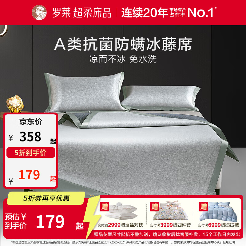 罗莱家纺 夏季A类防螨抗菌可折叠凉席冰丝藤席子空调席 【轻奢A类抗菌防螨LL绣花软席】条席款蓝色 三件套 180cm*200cm