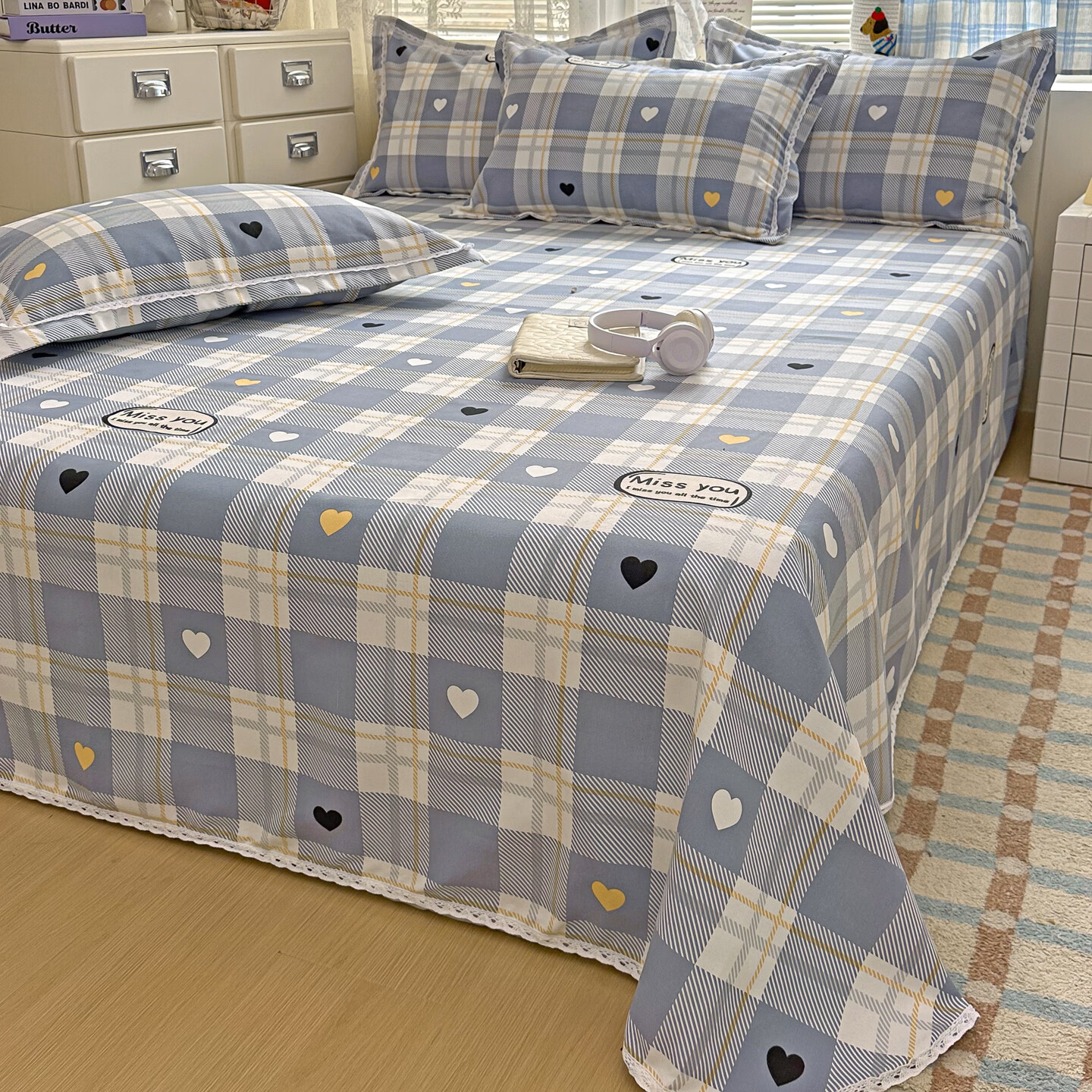 多兰诗（Duolanshi）原棉老粗布床单 加厚可水洗机洗单双人被单老粗布凉席 简爱 200cm*230cm 床单+2只枕套