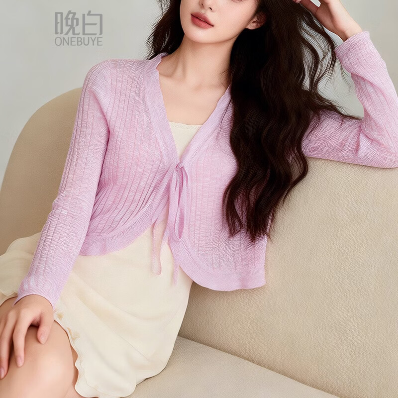 晚白【新品】2026年春款时尚V领荷叶边上衣高弹修身系带针织开衫女 粉色 M