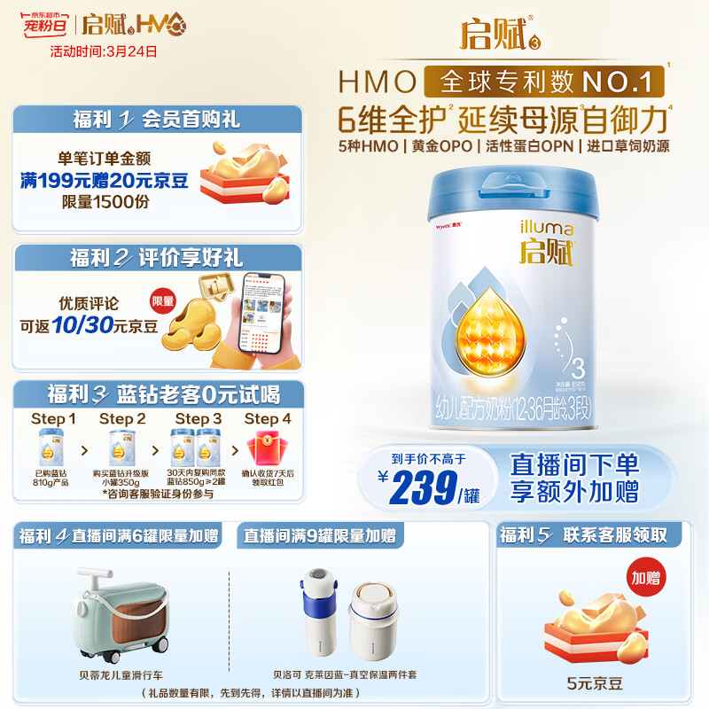 惠氏（Wyeth）启赋蓝钻【加量装】HMO幼儿配方奶粉3段（12-36月）850g 黄金OPO