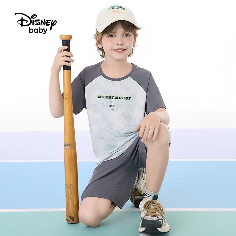 迪士尼（Disney）童装男女童运动套装夏季新款男女童短袖短裤两件套 渐变网球服 灰底几何 130 高125-135cm重50-60斤