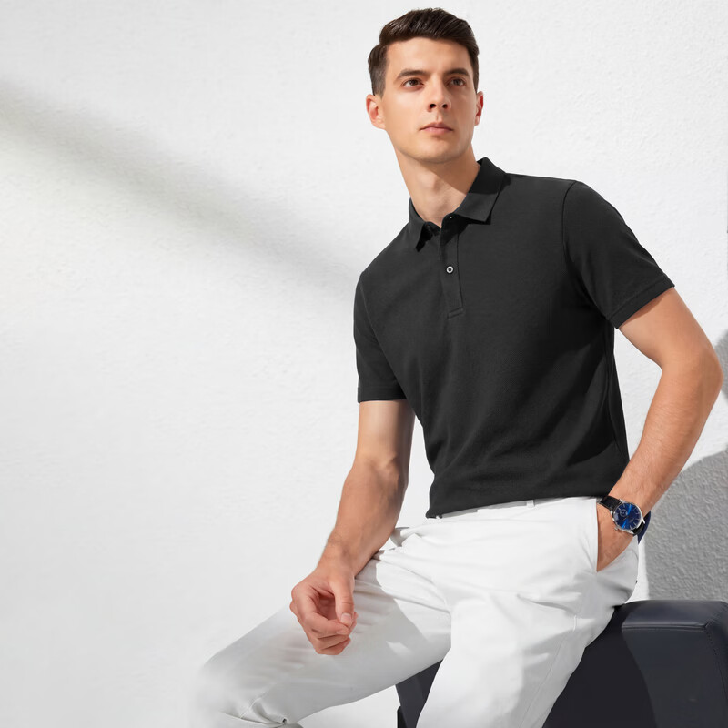 庄吉【裸感亲肤】短袖polo衫男2026夏季新款商务休闲纯色翻领短袖T恤 黑色 M