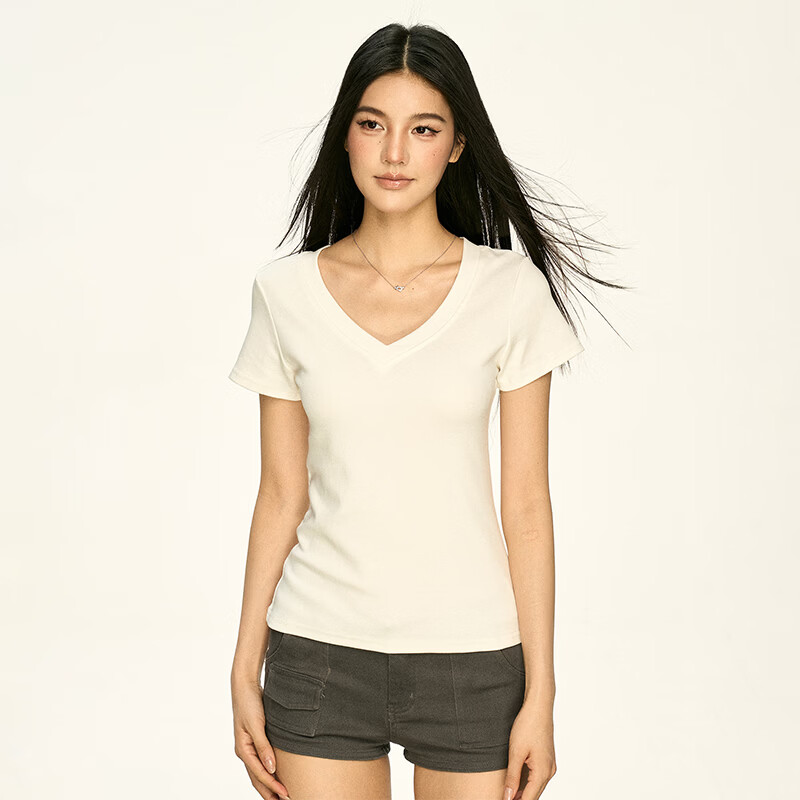 AAISUP韩系正肩V领短袖T恤女2026新款夏季辣妹气质修身百搭基础款上衣潮 白色 L