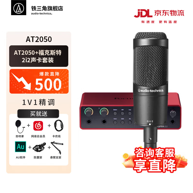 铁三角（Audio-technica） AT2050 电容麦克风 手机直播设备套装 K歌大合唱主播 录音话筒 专业音频设备 直播麦克风 AT2050+福克斯特2i2四代声卡套装