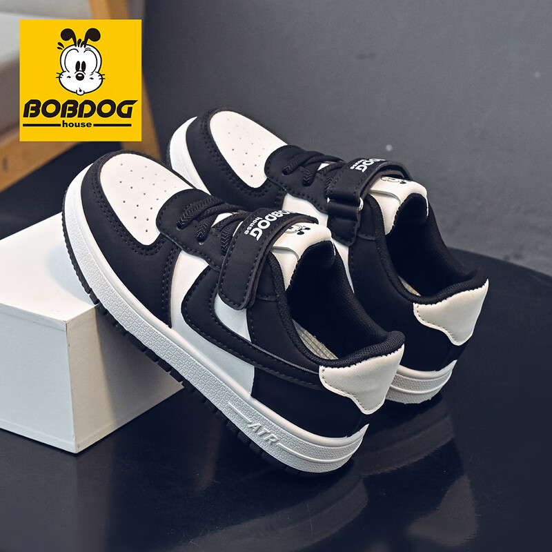 巴布豆（BOBDOG）童鞋2026夏季单网透气儿童板鞋男童小白鞋女跑鞋中大童鞋子 黑/白（革面）61001 30 适合脚长18.5cm