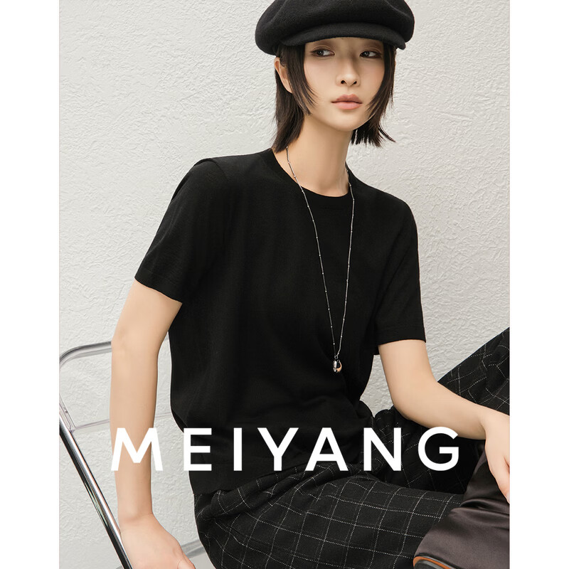 美洋（MEIYANG）简法针织衫 可机洗绵羊毛_无缝一体圆领短袖-周五 黑色 M
