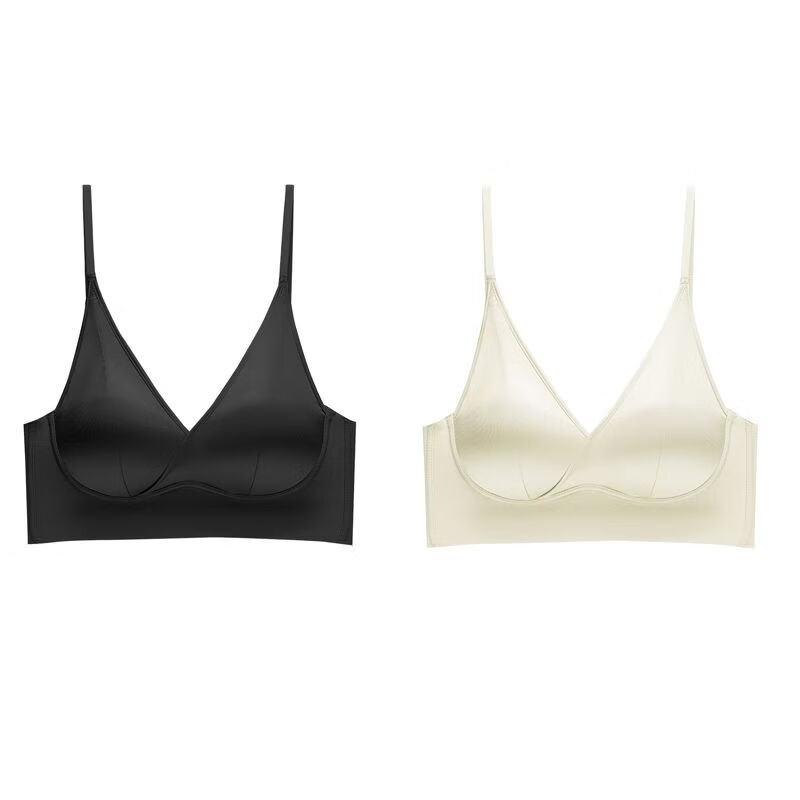 【买1送1】法式性感缎面无痕内衣带胸垫乳胶无钢圈美背一体式内衣 黑色+米白色【2件装】 2XL 建议140-160斤
