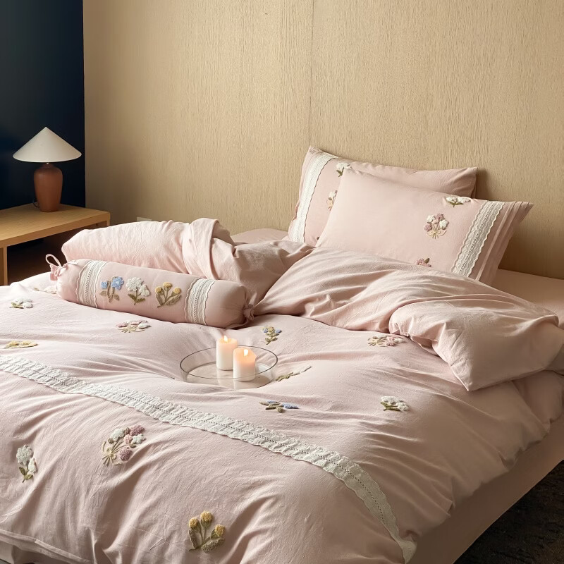 ROLAND LIVE四季床上用品棉麻立体毛巾绣四件套裸睡透气被套床单家用1.8米床 MX 棉麻四件套-一隅花町豆沙色 1.5米床 床单款 【被套200*230cm】