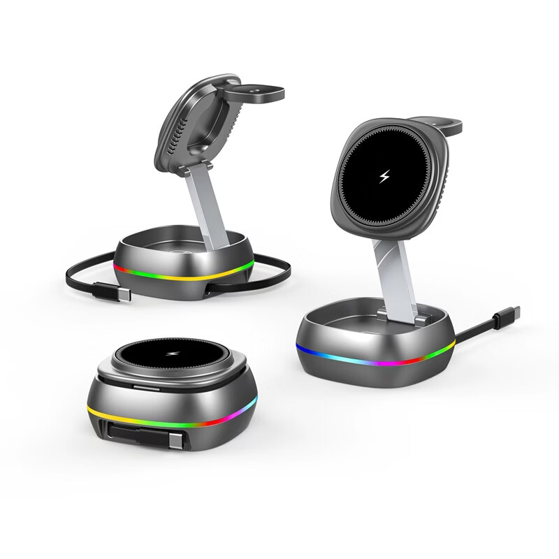 RLRZ三合一磁吸无线充电器自带线折叠收纳便携适用苹果17 iPhone16耳机手表Magsafe无线充立式支架底座 金属灰【3合1磁吸无线充】