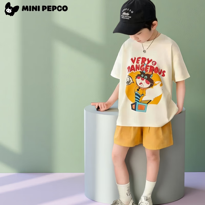 小猪班纳（PEPCO）儿童夏季套装新款华夫短袖两件套运动服男童女童休闲宽松韩系童装 T79短袖套装黄 涤纶 90 建议身高75-85cm