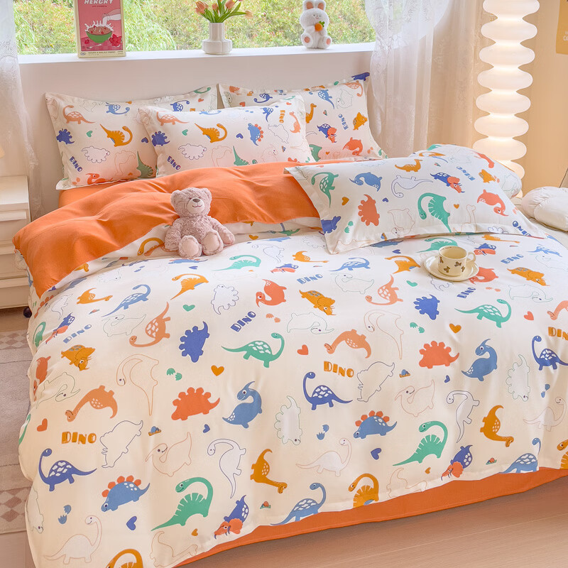 伊路卡磨毛四件套加厚斜纹印花床品床上三件套学生儿童床被套床单 百变恐龙 1.2米床 三件套  床单款 （被套150*200cm）