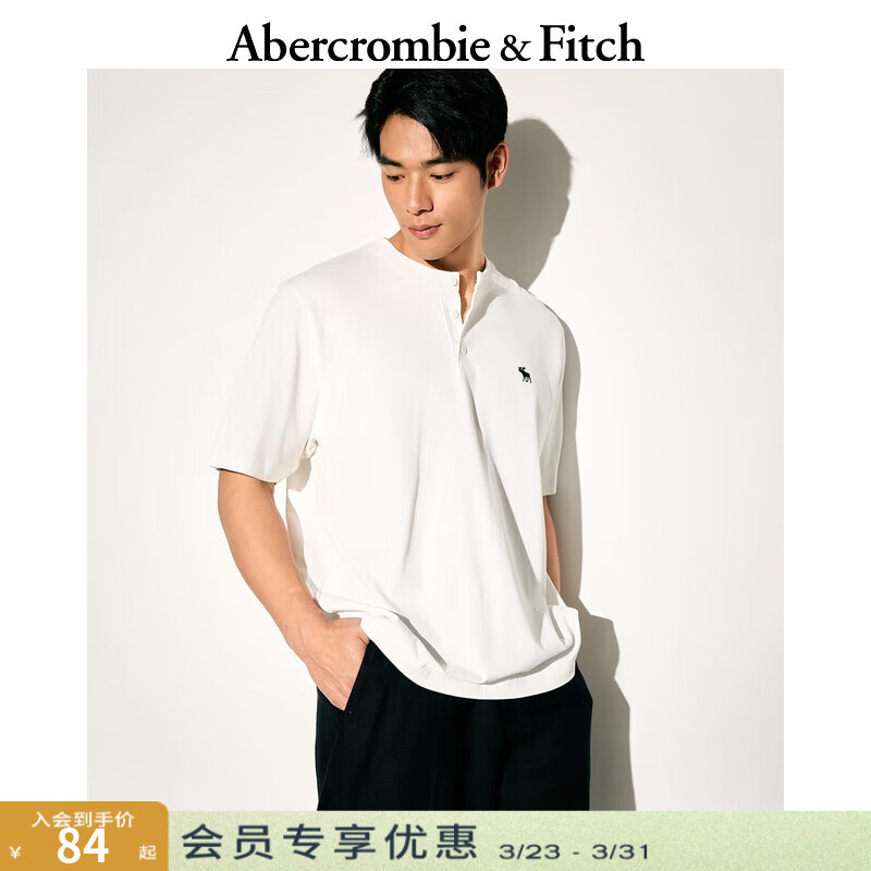 Abercrombie &amp; Fitch经典小麋鹿图案男装25夏季美式重磅宽松亨利领短袖T恤 白色 2XL (185/124A)尺码偏大