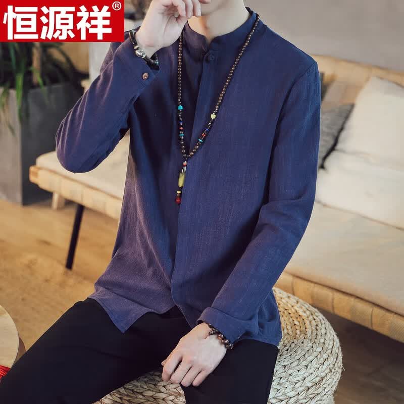 品牌高档男装 亚麻长袖衬衫外套男夏季中国风衬衣中式立领男士棉麻