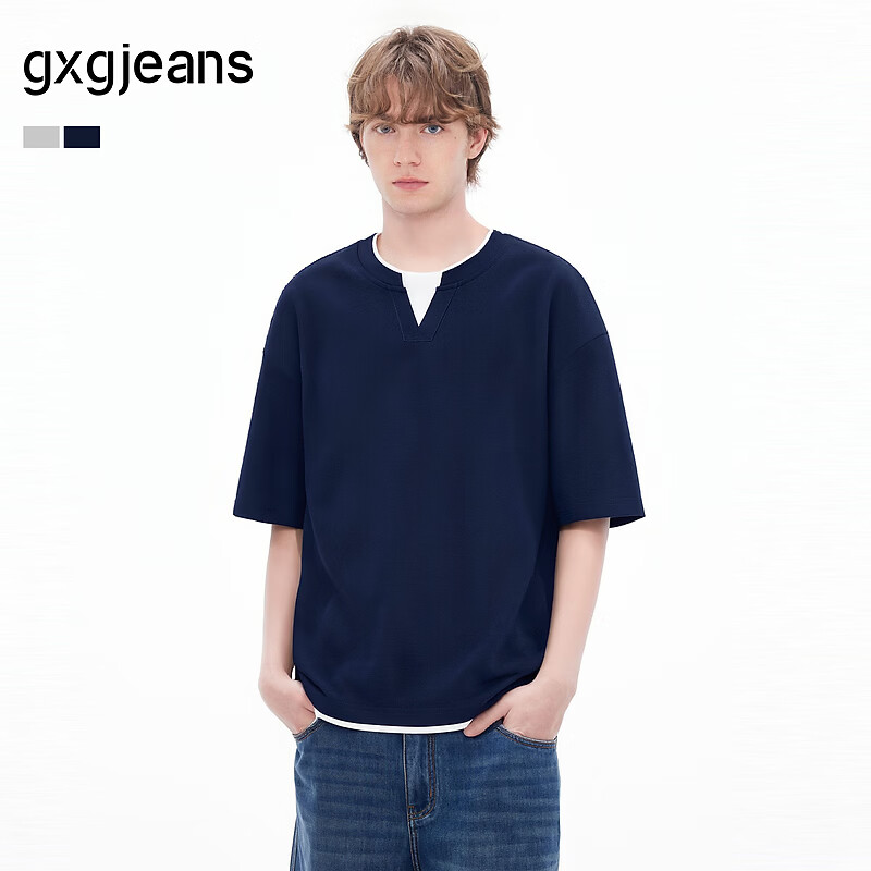 gxgjeans男装  假两件拼接简约休闲短袖T恤男生上衣 26夏新品 藏青色 XL (180)