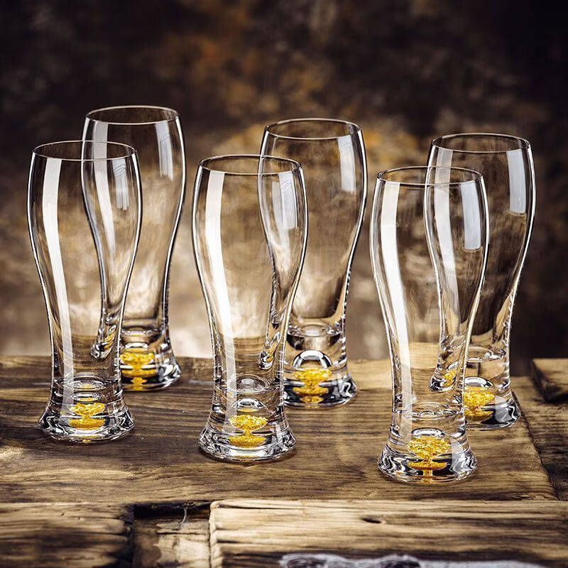 Montrachet精酿啤酒杯家用大容量500ml金箔扎啤杯子轻奢水晶玻璃杯架套装 金箔啤酒杯小号*6只