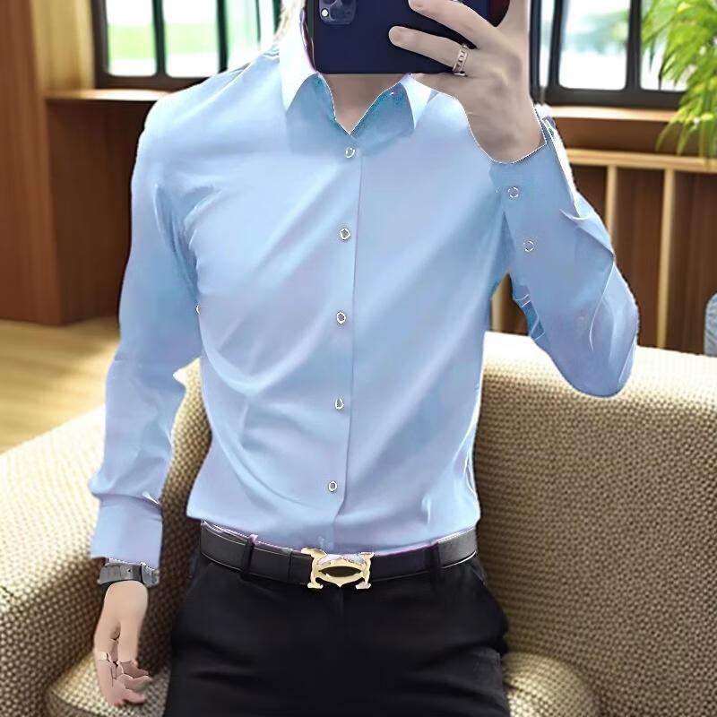 罗鸣老人【轻奢男装】2026新款免烫抗皱弹力商务修身男士长袖衬衫 浅蓝色 42 （建议155-165斤）