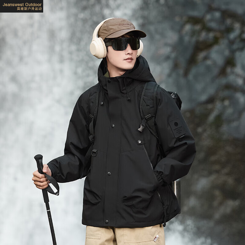 JEANSWEST OUTDOOR户外冲锋衣男2026春季情侣防风防水登山服外套夹克 黑色 【男女同款】 3XL