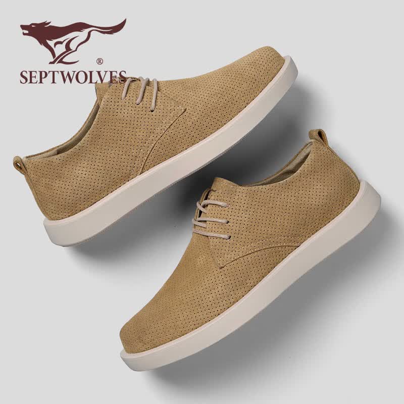 七匹狼马丁靴男鞋夏季新款复古潮流休闲百搭短靴防滑耐磨男士工装鞋子男 卡其 【冲孔】【标准皮鞋码】 41