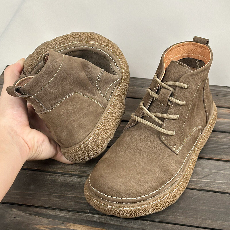 中帮马丁靴2025秋冬加绒保暖软皮软底系带工装短靴子 卡其色_加绒 45