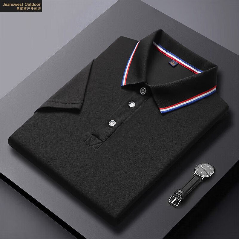 真维斯户外运动纯色短袖Polo衫男女款夏季翻领T恤上衣男 黑色 S