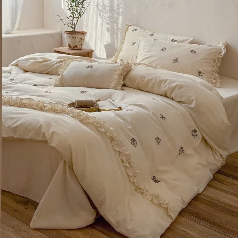 ROLAND LIVE春夏裸睡透气色织棉麻刺绣四件套简约风被套床单家用宿舍三件套 LB 色织棉麻套件-归野 1.2米床 床单款 【被套150*200cm】