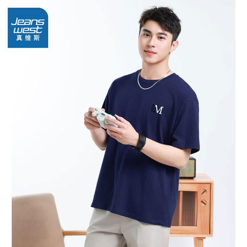 真维斯男装2夏季款美式潮流百搭字母多图印花纯棉短袖T恤上衣潮NXP 173BS5深蓝色2530 L 175/96A