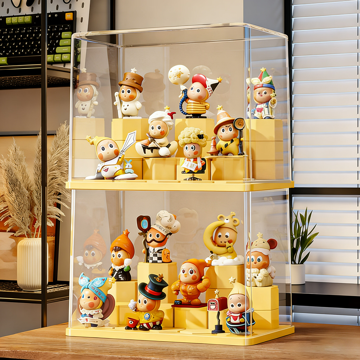 纳份爱手办展示柜泡泡玛特收纳盒摆件置物架带盖透明防尘罩盲盒收纳神器 简约积木款【黄色+奶油】送14个积木 加厚PET/带盖防尘