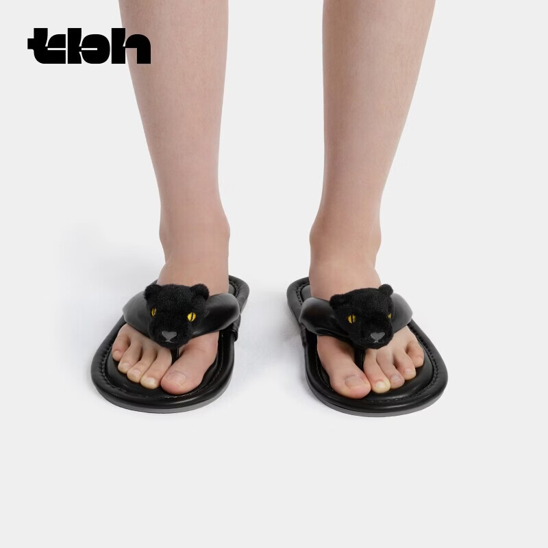 野兽派家居（tbh）都市野兽黑豹毛绒人字拖夏季拖鞋可外穿室内家居鞋 “都市野兽”黑豹人字拖 36-37