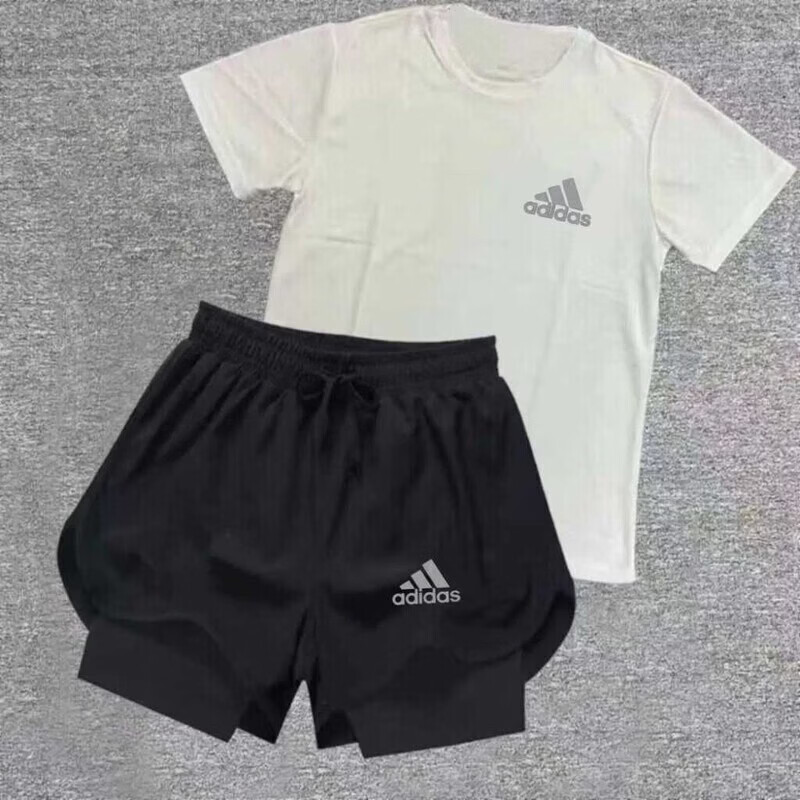 ADIPRENE阿迪达斯夏季速干体育套��田径健身男女运动训练短裤三分跑步马拉 阿迪达斯反光AD【白色速干短袖+黑色双层短裤】 阿迪达斯M码80-95斤