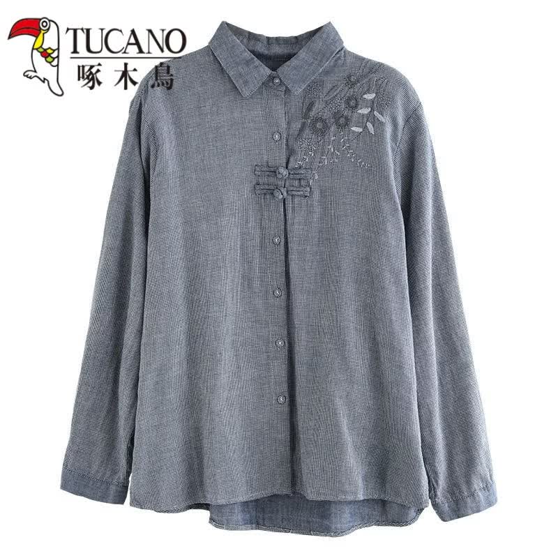 啄木鸟（TUCANO）文艺复古千鸟格棉麻衬衫女2026春季款民族风刺绣中国风盘扣上衣女 蓝色 2XL 建议130-145斤