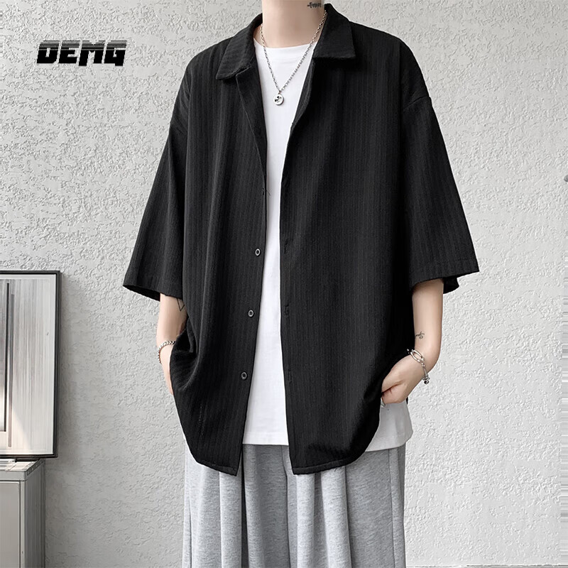 OEMG  夏季薄款短袖衬衫男女潮流垂感七分半袖高级感情侣宽松休闲外套 CS7829-黑色 3XL 【建议160-175斤】