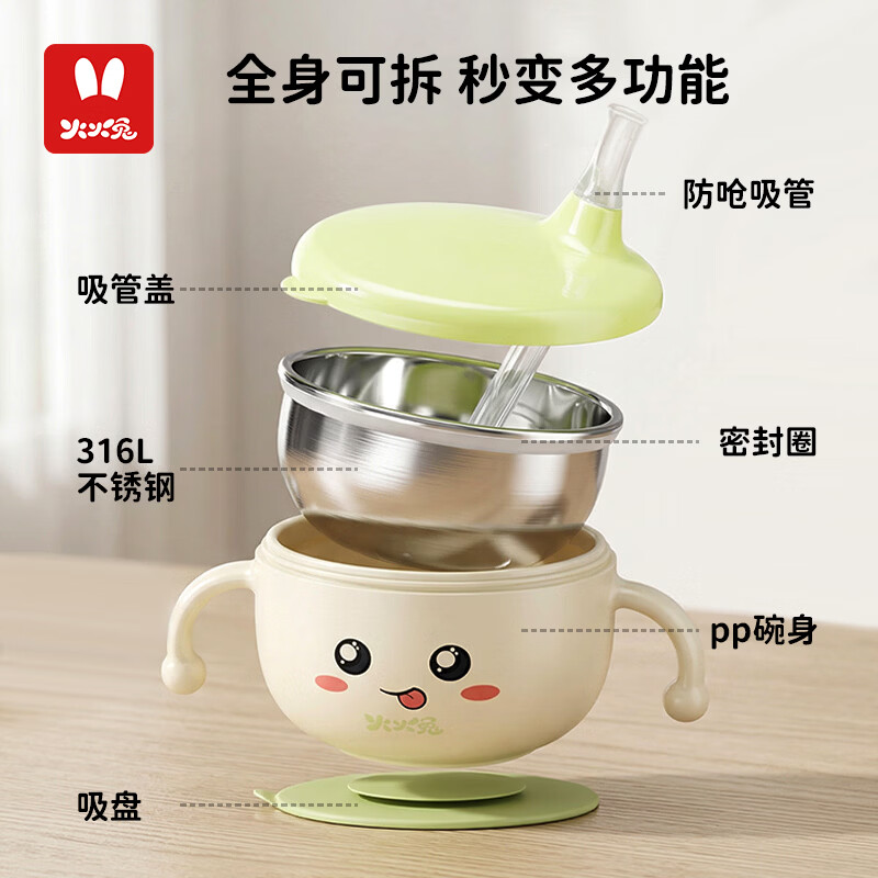 火火兔婴儿辅食碗宝宝喝汤碗316L不锈钢碗儿童碗宝宝碗吸盘吸管碗 小月龄辅食碗【316不锈钢内胆】一碗多用