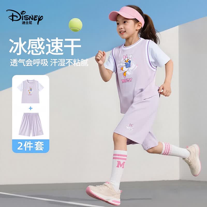 迪士尼（Disney）卡通动漫女童套装休闲风透气2026夏装童装时尚运动T恤短袖上衣潮 紫色 150