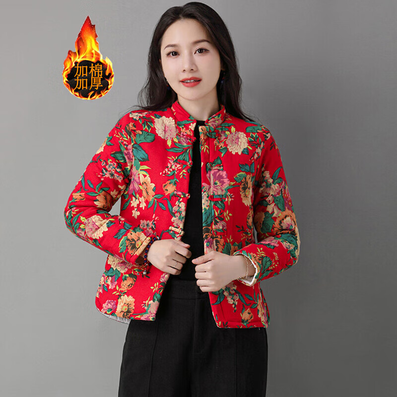 民族风盘扣棉服女冬复古中式棉麻东北花棉袄花色棉衣冬季唐装女士冬天穿的中国风 红色 M
