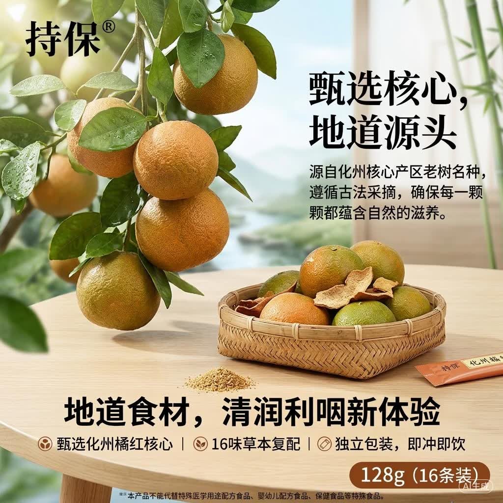 持保化州橘红固体饮料 8g*16条/盒 化桔红 橘红茶 正宗化州橘红冲剂 128g*5盒