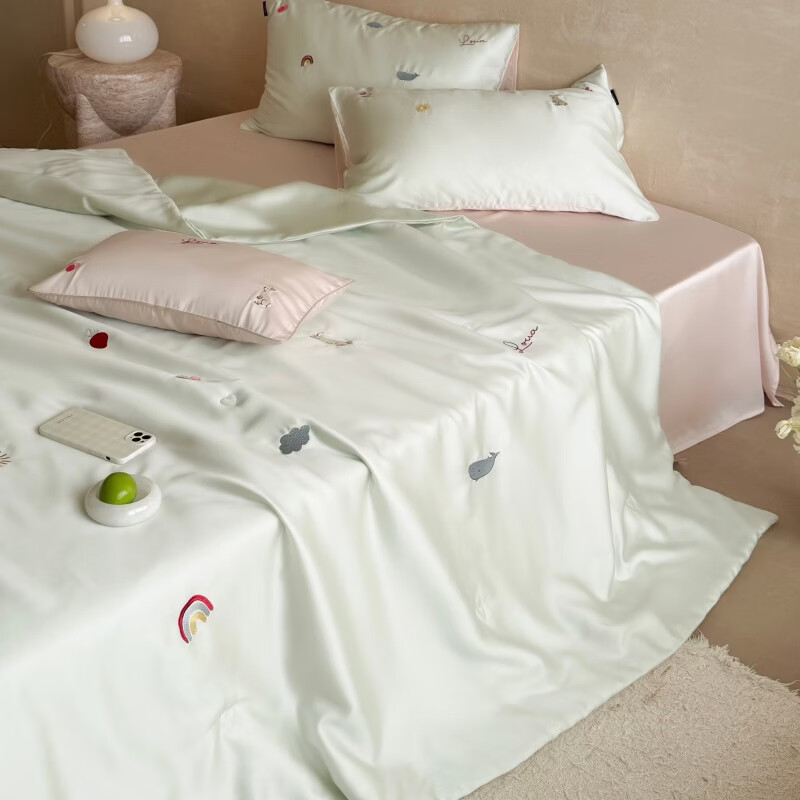 ROLAND LIVE兰精天丝刺绣夏被凉感空调被可水洗裸睡夏凉被夏季家用薄被子 LB 天丝夏被-彩虹小兔绿＆粉 单夏被200cm*230cm