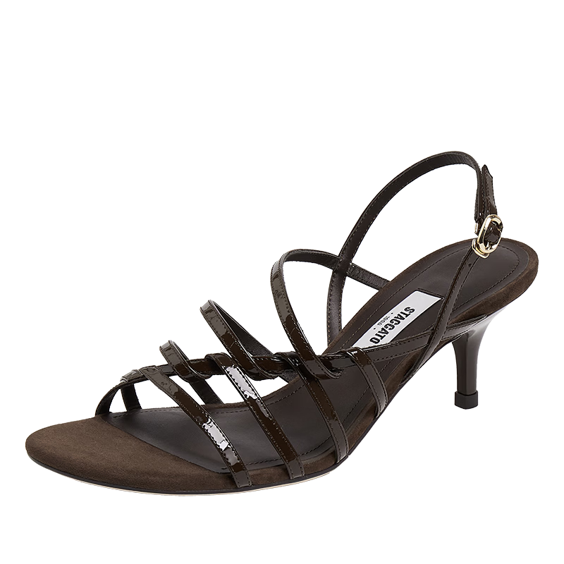 思加圖夏季法式羅馬涼鞋細(xì)高跟鞋女皮涼鞋EDN04BL5 復(fù)古啡 38