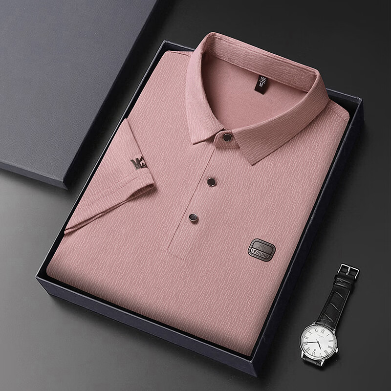 尺度保罗冰丝翻领短袖T恤男士夏季薄款免烫透气树皮纹印花宽松POLO衫上衣 AT2505米色 XL 推荐135-155斤