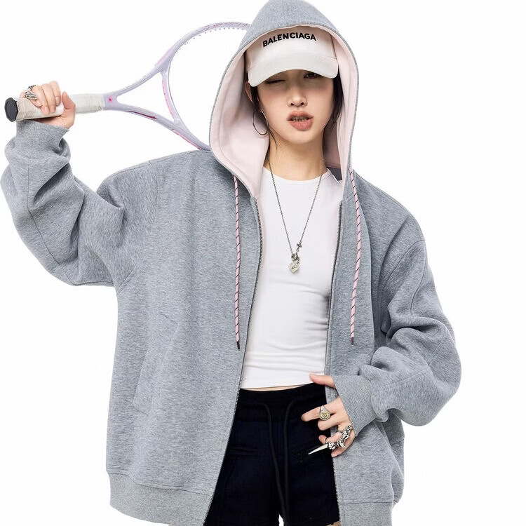 ICH MODE女士卫衣美式复古连帽外套女春秋季新款宽松卫衣开衫上衣女粉色XL