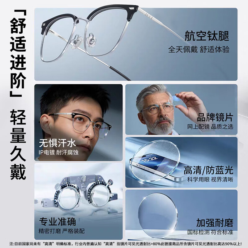 特瞳话纯钛眉线半框近视眼镜框男大框可配度数防蓝光眼镜店配镜近视散光 纯钛镜框-黑银色 【蔡司出品 视特耐】1.56防蓝光HMC+Blue镜片