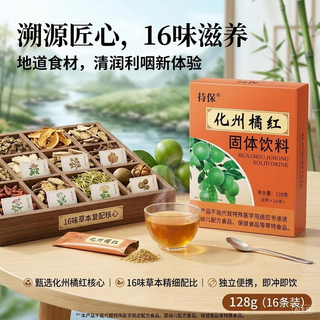 持保化州橘红固体饮料 8g*16条/盒 化桔红 橘红茶 正宗化州橘红冲剂 128g*5盒