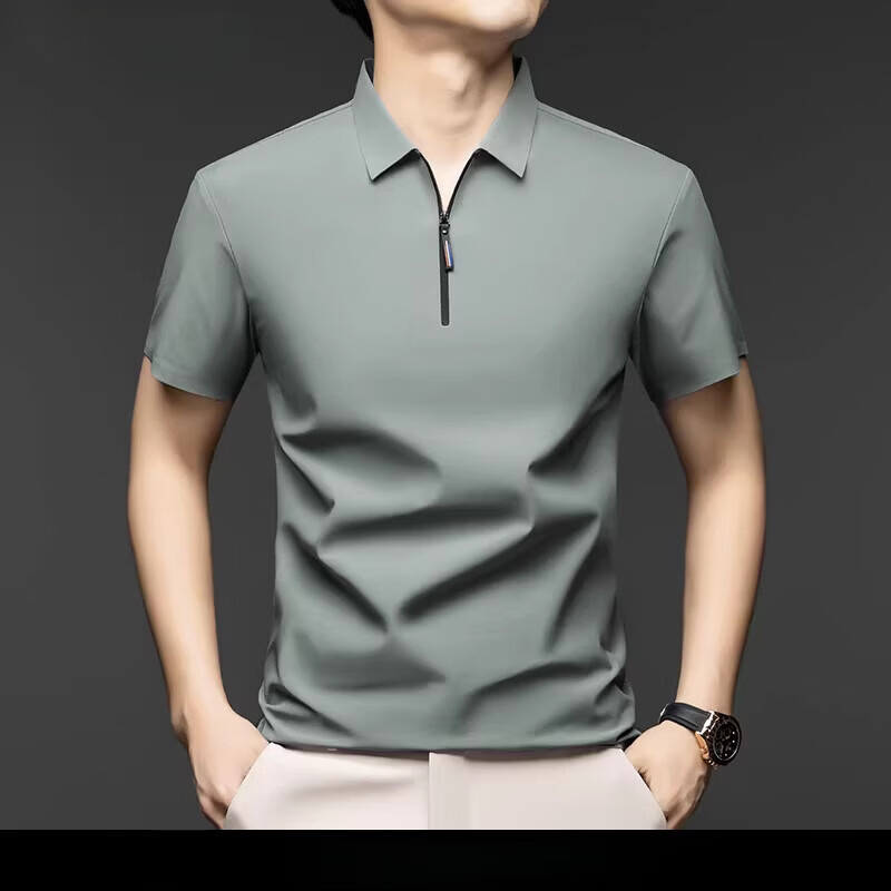 丨利郎丨利郎桑蚕丝短袖t恤男士夏季新款翻领男士休闲纯色高端拉链polo衫 豆绿色 4XL 190【建议180-200斤】