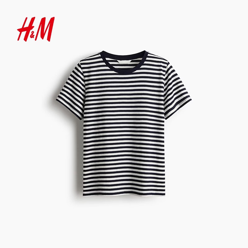 H&amp;M女装T恤春季圆领时尚休闲简约宽松棉质短袖上衣1270848 白色/海军蓝条纹 M 165/96
