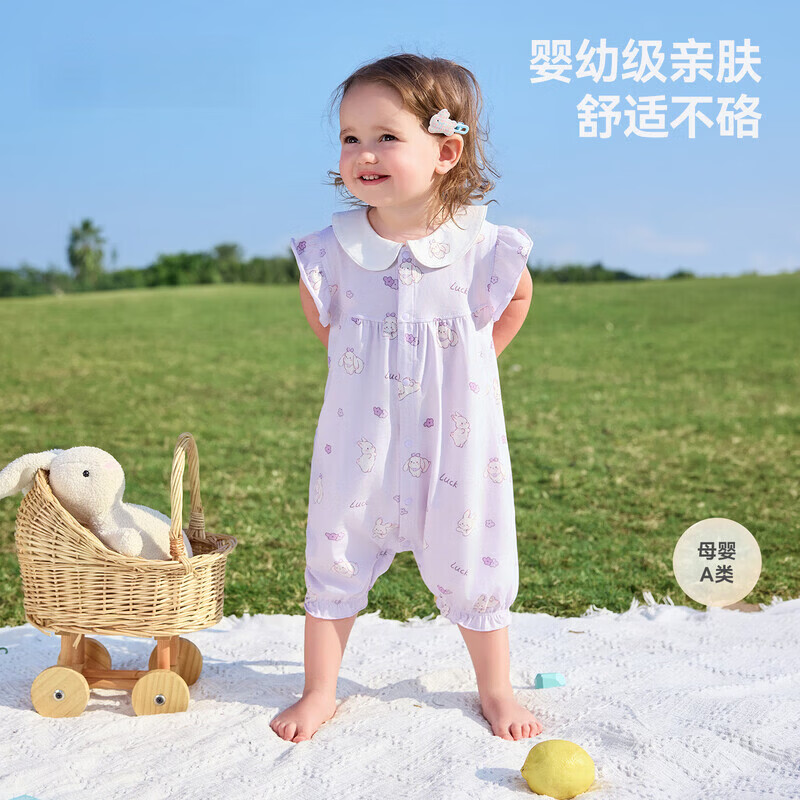 贝肽斯婴儿衣服夏季薄款透气连体衣婴幼儿女宝宝公主风无袖爬服哈衣 花趣萌兔 80cm