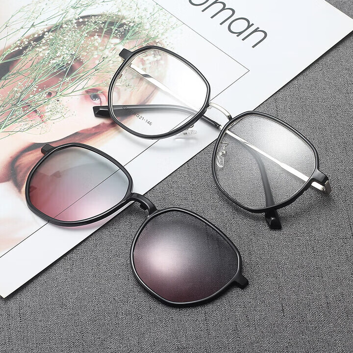 胖东来同款太阳镜偏光镜夹片多边形框女磁吸式偏光防风防晒彩膜 套镜+配1.74镜片(备注度数和颜色