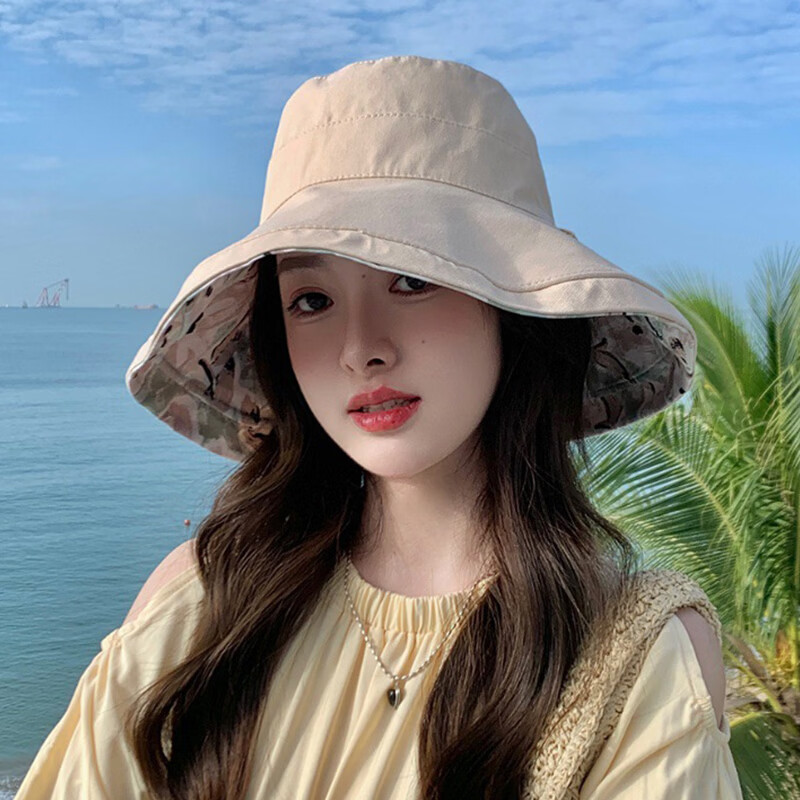猫人棉双面遮阳渔夫帽女防晒春秋夏季户外出游遮脸大沿太阳帽子可折叠 米色 均码（56-58cm）
