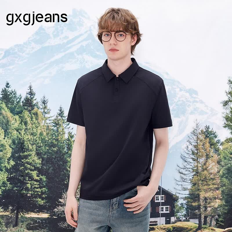 gxgjeans男装肩部分割简约通勤翻领短袖polo衫26夏新品 黑色 175/L