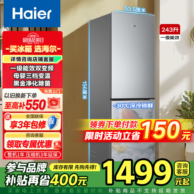 海尔（Haier）家用电器冰箱双门冰箱小型两门 风冷无霜不结冰 国家以旧换新补贴15% 243升小户型超薄出租房宿舍 【新品上市】243升风冷+变频一级能效